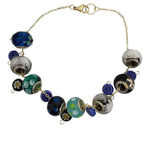 Bold Glass Daisy Swirl lampwork bracelet blue Polka Dot bracelet